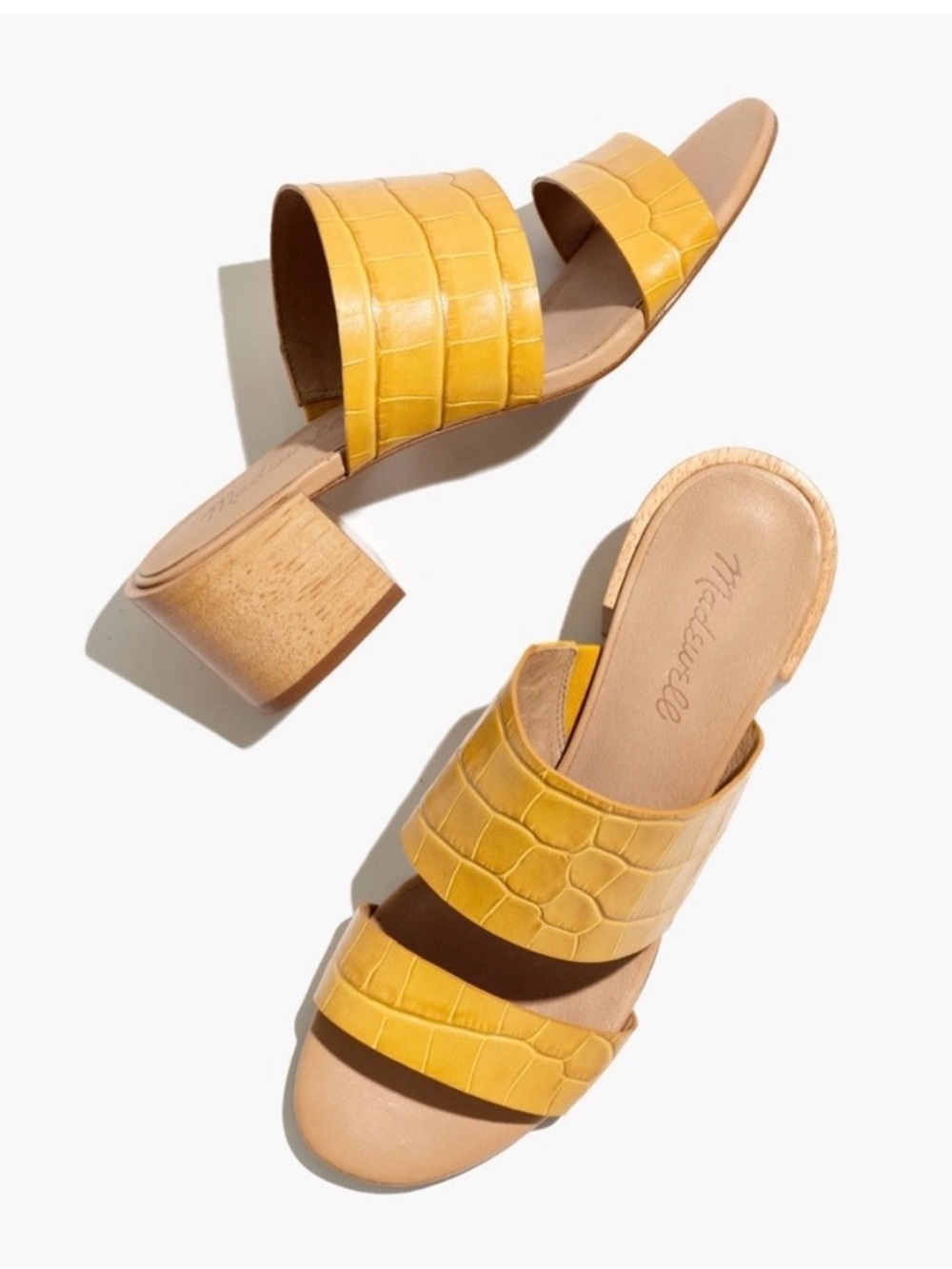 Madewell Yellow Croc-Embossed Double Strap Block Heel Sandals